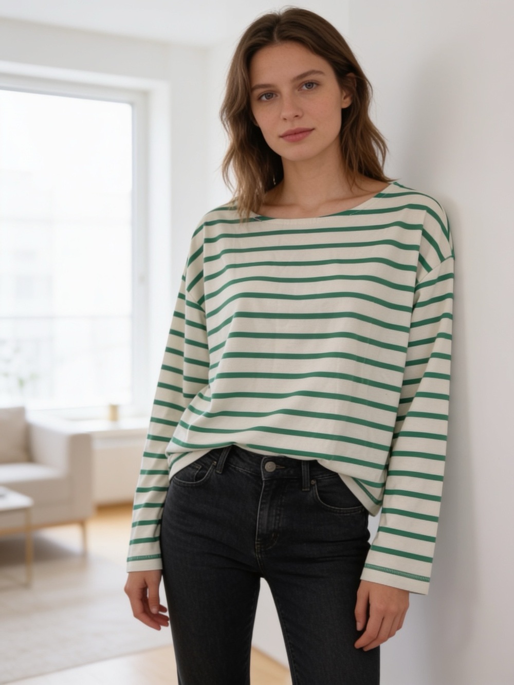 Maurices Green White Striped Boat Neck 100% Cotton Long Sleeve Top L